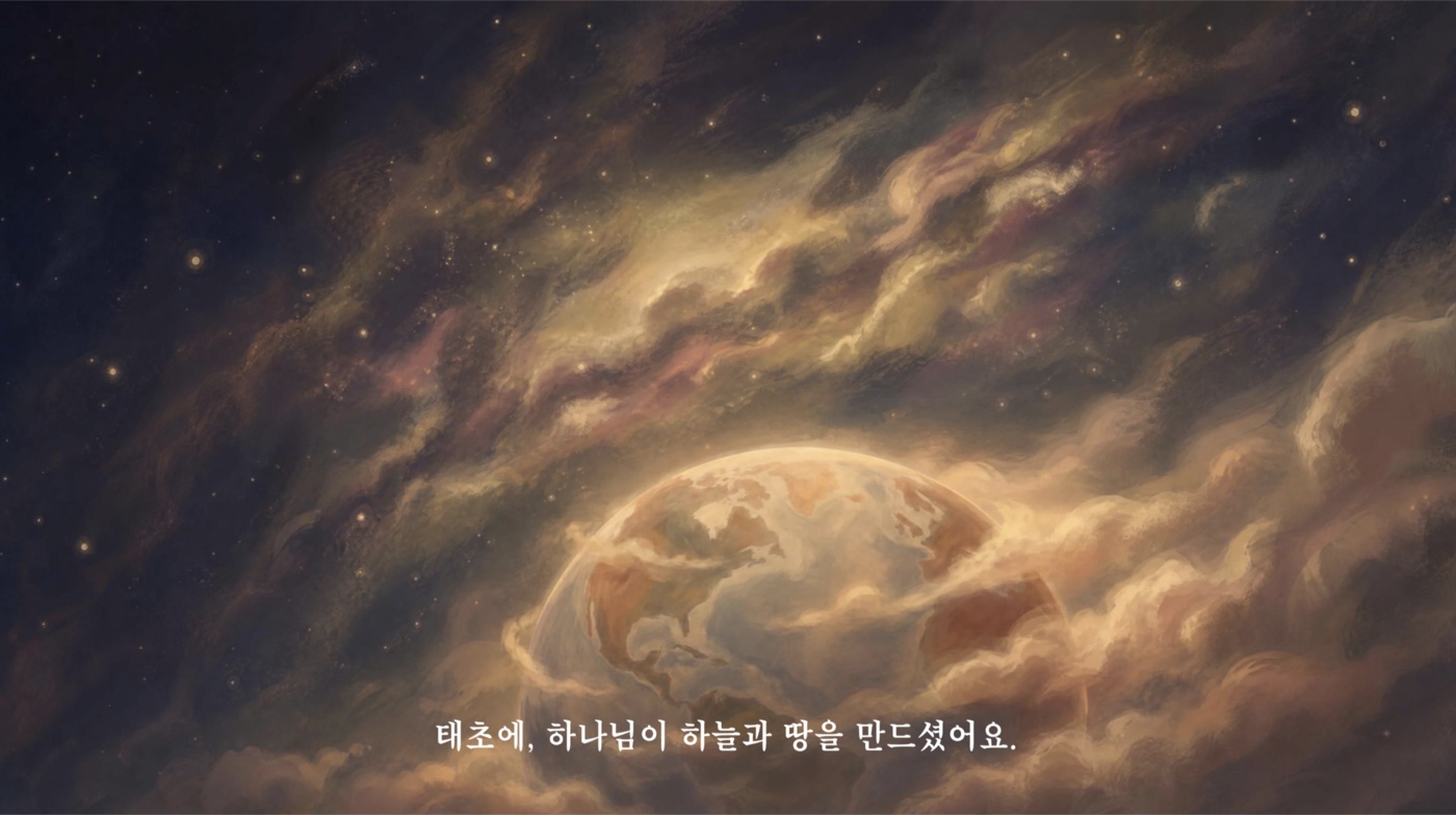 여는 컷만화. 구름과 별 사이에 떠 있는 지구, 그리고 '태초에, 하나님이 하늘과 땅을 만드셨어요.'